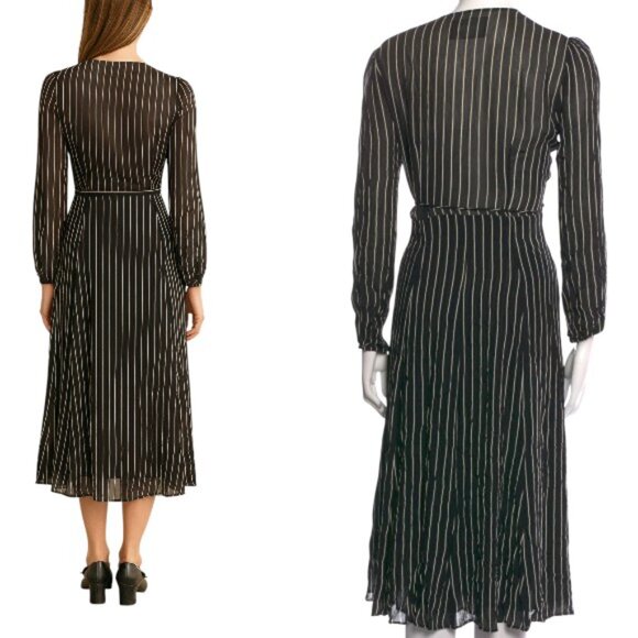 REFORMATION BLACK/WHITE STRIPE MIDI LONG SLEEVE WRAP V‎ NECK DRESS MEDIUM EUC - Picture 4 of 5